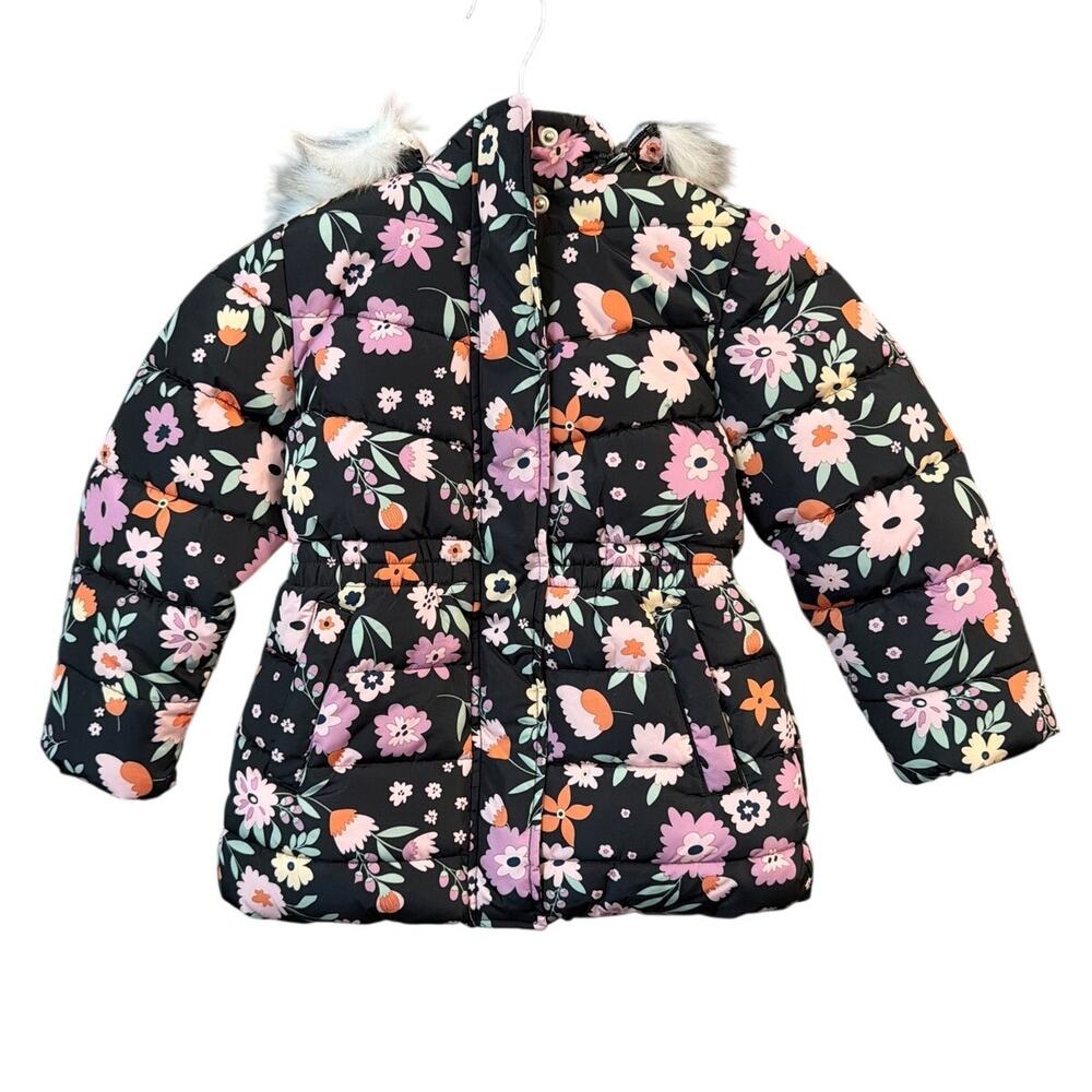 Member's Mark Kids' Puffer Jacket Black Flower Floral Winter Coat Size XS 4/5